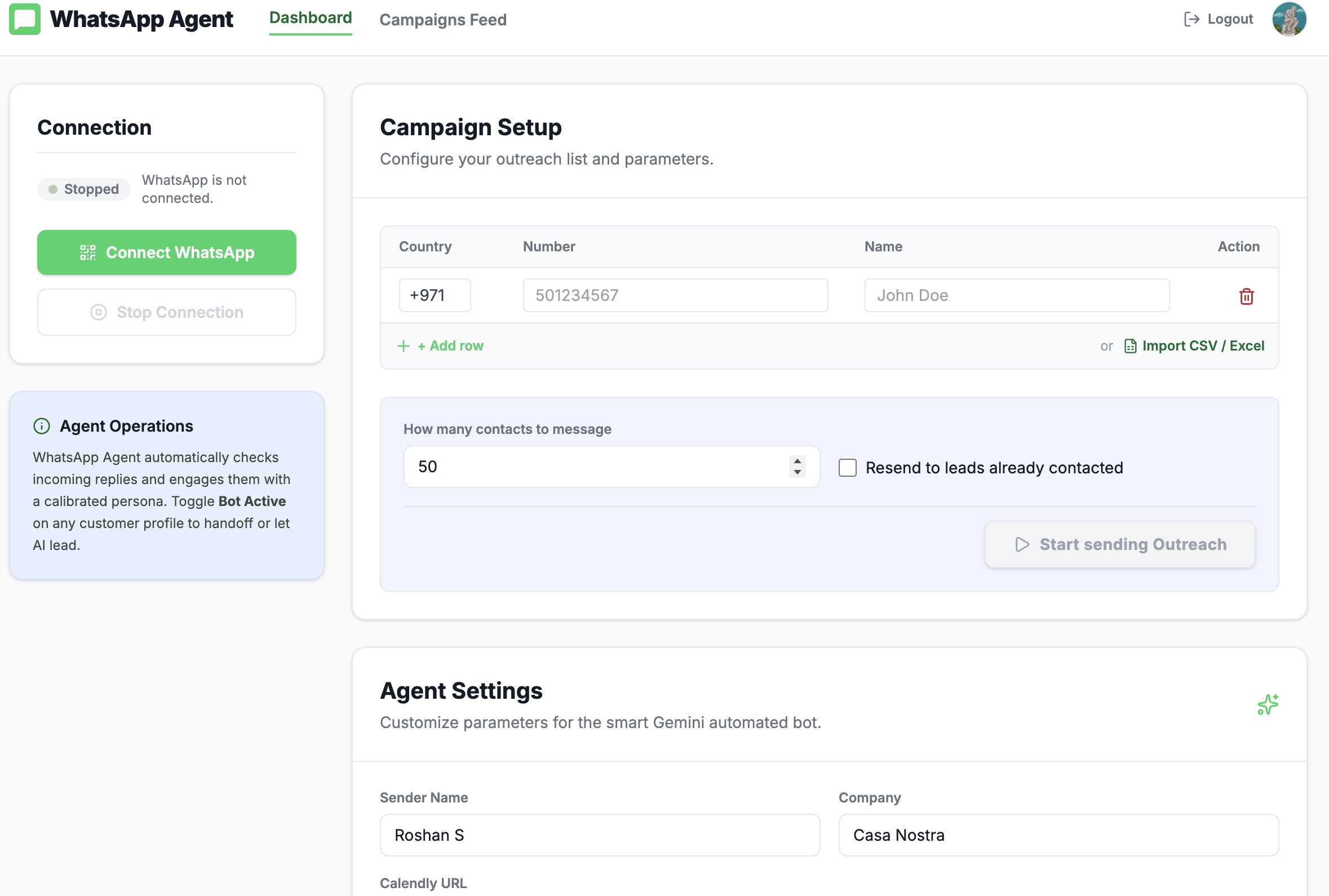 Whatsapp Agent interface